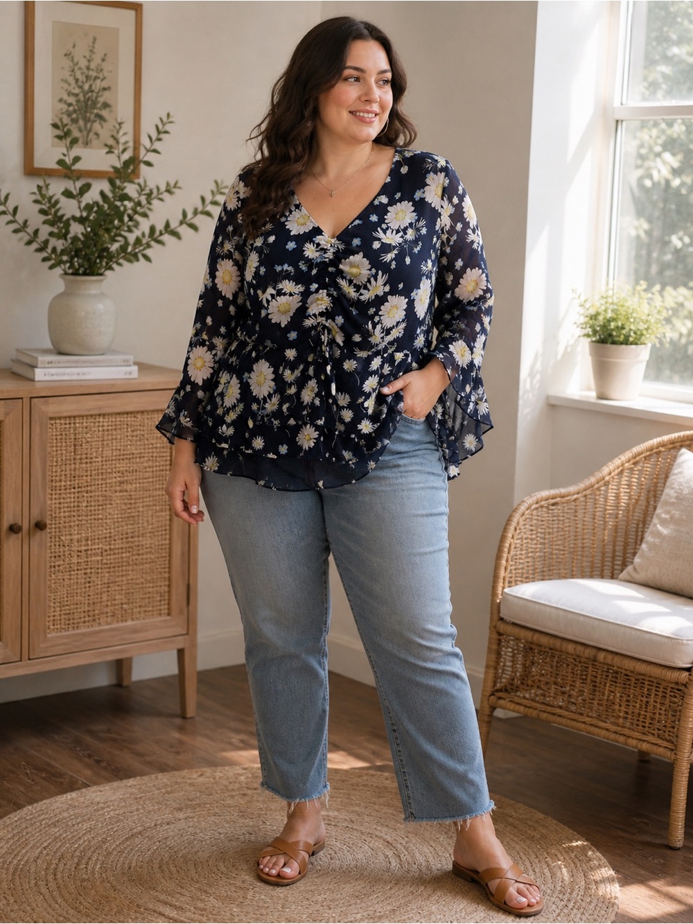 Cato Navy Daisy Floral Sheer Blouse Plus Size 26/28W Ruffle Hem Boho Top